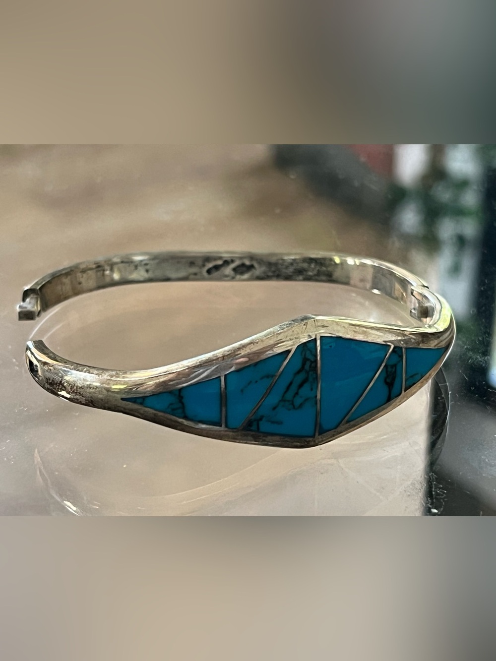 Sterling Silver Turquoise Hinged  Inlay Cuff TEXCO Bracelet
